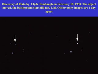 Discovery of Pluto by Clyde Tombaugh on February 18, 1930. The object
moved, the background stars did not. Lick Observatory images are 1 day
apart
 