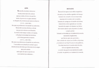 AZUL
Recuerdo a tu duL:e reticencia
tiraria al otro lado del umhr:rl
apenas oculta al llnnrite rtre una flor,
aftlste ;al pn:senter en agui¡s silentes
se aho¡¡aba de prontesa$ que nunca se dij,eron
)/ te vi,.. y me'v'iste,..
Mis ojos serpe,rclieron en el azul de tus carjencias.,,
R.ecuerdo tu aroma furtiya y salvaje
una jaurfa dr: deseos acechándote,
l¿r solnl¡ra del tiempo r:cr¡lta en el espejo,
reflejabas la etenniclad de la beLleza
y la forma igrnr:ta de la lrruerte
y te vi,.. y me viste...
Mis ojos se perdieron en el azul de tus carjenci¿rrs,,,
l escondiste en la hierba la verrlarj a gajo.s
desate jirones de lretas que dor,rnían en nli sitngre
{ue Ya ter antaba
¿ültes;que mis oios se perrdlernern
en el azul de tus cadencias,.,
INSTANTE
[nstan.te cle repos,n en el céfiro vespertirro
don.ado por los cabellos agitaclos del tiernpo,
ln¡;tanl[el de c,cnL:iuelo en la uva nlaceriada,
miasntas de la rsombt'a de k¡s mc¡[cl,es.
In.stante rie castigo pcrl elrle¡;c[érn dlr¡ la IunA
trlantrr de las nuhes agitadas por sus alasi,
Instante de suspit'r: al exhumar sus l¿tLriol;
del rincón c¡áustico que a.hu'yr:nü5 a la. abeja
! matór a la flr:r
lns;tante acobiardadcl pon el atisbo rle Ia ntuerte,
momentos ri isplicentes,
rqlue ftteron, que son, que serán-.
Otrcl instante cler reposo en el cél'iro ves¡te,rtin.o
y la silueta r;le un Deja Vu amarra rnis; pillatbras..,
Ltna hoia ntulerta es la senda entrer los dr:s,,
solo un segundo más en la luz,
y su latir me guiará a un instante de suefio
y s;u latir me guiará a un Instante cle recuerdo
 