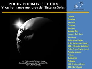 PLUTÓN, PLUTINOS, PLUTOIDES Y los hermanos menores del Sistema Solar. por Pablo Lonnie Pacheco Railey Sociedad Astronómica del Planetario Alfa ASTRONOMOS.ORG Planeta Planeta X Asteroide Troyanos Cometas.  Nube de Oort Nube de Öpik-Oort Centauros Cinturón de Kuiper EKOs (Edgeworth-Kuiper) KBOs (Cinturón de Kuiper) TNOs (Trans-Neptunianos) Planetas enanos. Plutinos  Cubewanos  Plutoides SDO (Scattered Disk) OCO (Oort Cloud) 