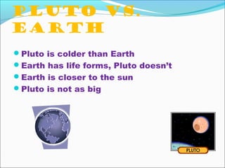 Pluto vs.
Earth
Pluto is colder than Earth
Earth has life forms, Pluto doesn’t
Earth is closer to the sun
Pluto is not as big
 