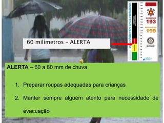 60 milímetros – ALERTA



ALERTA – 60 a 80 mm de chuva


  1. Preparar roupas adequadas para crianças

  2. Manter sempre alguém atento para necessidade de

     evacuação
 