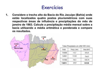 Exercícios
1. Considere o trecho alto da Bacia do Rio Jacuípe (Bahia) onde
estão localizados quatro postos pluviométricos com suas
respectivas áreas de influência e precipitações do mês de
janeiro de 1983. Calcule a precipitação média mensal sobre a
bacia utilizando a média aritmética e ponderada e compare
os resultados.
 