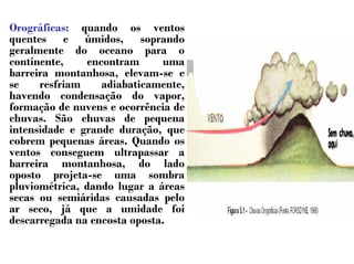 Orográficas: quando os ventos
quentes e úmidos, soprando
geralmente do oceano para o
continente, encontram uma
barreira montanhosa, elevam-se e
se resfriam adiabaticamente,
havendo condensação do vapor,
formação de nuvens e ocorrência de
chuvas. São chuvas de pequena
intensidade e grande duração, que
cobrem pequenas áreas. Quando os
ventos conseguem ultrapassar a
barreira montanhosa, do lado
oposto projeta-se uma sombra
pluviométrica, dando lugar a áreas
secas ou semiáridas causadas pelo
ar seco, já que a umidade foi
descarregada na encosta oposta.
 