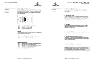 Respironics®
PLV-100 Clinical Manual, p/n 35500 Rev. DRespironics®
PLV-100 Clinical Manual, p/n 35500 Rev. D 17
3. Battery Fuse (Shipping fuse)
Remove the 5 amp slow blow fuse during shipping to eliminate the
possibility of the unit being accidentally turned on and depleting the
internal batteries.
4. Rear Feet/Cord Wraps
The rear feet of the PLV-100 are designed to easily accommodate the
power cord. Wrap the cord in a clockwise manner. The feet are also
designed to allow the ventilator to be operated in a face-up position, for
wheelchair usage, without blocking the air inlet or air vent on the rear
panel. Avoid positioning the ventilator in a face-up position on deep shag
carpet or surface which might block the air vents.
5. Hour Meter
The real time hour meter is located behind the machine air vent filter.
See Section 13, Maintenance and Troubleshooting Guide, for more
information on the hour meter.
6. Power Cord Connector
This receptacle allows the use of a removable power cord. If the power cord
becomes loose, worn, or damaged, it is replaceable by the customer.
7. Remote or Hospital Central Alarm Connector
This connector is used to interface with the Respironics Remote Alarm,
or most hospital central alarm systems. See Section 6, Alarm and Alert
Systems, for more information.
8. Machine Air Vent
This vent allows cooling air to enter the ventilator.
NOTE: The Machine Air Inlet houses a reusable foam filter which
requires periodically cleaning by the user. See Section 12, Clean-
ing and Disinfection, for more information on filter changes.
SECTION 5: REAR PANEL FILTERS, CONNECTIONS
AND HOUR METER
Rear Panel
(Continued)
52
PEEP Valves Reusable / Disposable
The Ambu PEEP Valve 20 is a reusable, position independent, spring-
loaded threshold resistor valve adjustable from 1/2 to 20 cm H2
O. The
PEEP valve comes standard with a 30 mm I.D. connector. Disposable
PEEP valves are also available. Order part #06712 for the complete
Ambu PEEP Valve 20.
06712 Complete Ambu PEEP Valve 20 cm H2
O
06333 Connector, 30 mm I.D., PEEP
06336 Connector, 22 mm O.D. PEEP
06511 PEEP Disposable, 30 mm I.D.
Flextubes
These flextubes may be used to decrease tension on the tracheostomy or
endotrachealtubesandarereusable.
06485 Fextube, 5-1/2" 22 mm/15 mm, Tapered
06484 Flextube, 2" 22 mm/15 mm, Tapered, Min. Dead Space
06495 Flextube, 8" 22 mm/22 mm, Standard
06500 Flextube, 5-1/2" 22 mm/22 mm, Standard
ManualResuscitationBags
562012 BagEasy® with PEEP valve & Circle Seal Mask (6/pack)
562013 BagEasy® with Circle Seal Mask (6/pack)
562038 BagEasy® with PEEP valve & Circle Seal Mask (12/pack)
562039 BagEasy® with Circle Seal Mask (12/pack)
562040 BagEasy® with Peep valve (12/pack)
562041 BagEasy® (12/pack)
SECTION 11: ACCESSORIES
Additional
Accessories
(Continued)
 