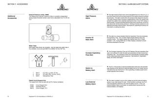 Respironics®
PLV-100 Clinical Manual, p/n 35500 Rev. DRespironics®
PLV-100 Clinical Manual, p/n 35500 Rev. D 19
SECTION 6: ALARM AND ALERT SYSTEMS
w The High Pressure Alarm and Limit is adjustable from 5 to 100 cm H2
O. It
sounds an alarm and vents excess pressure if the system pressure exceeds
the set point. This alarm resets when the pressure falls below the set point.
The High Pressure Alarm functions independently of the PAP system and
protects the patient from potential barotrauma even if the PAP tubing is
disconnected. It is recommended that this Alarm and Limit be set 10 to 20 cm
H2
O above the normal airway pressure. Venting of excess pressure is not
affectedbythealarmsilencebutton.SeeSection8,OperatingProcedure,for
information on setting this alarm.
w This alert is a visual indication that the Inspiratory Time has exceeded
the Expiratory Time. The I:E Ratio Digital Display flashes when this
condition exists. The Digital Display also flashes when the I:E Ratio
exceeds 1: 9.9. During SIMV the I:E Ratio Display is blanked to avoid
erroneous feedback to the user.
w The Increase Inspiratory Flow red LED flashes if the set inspiratory flow
rate is not sufficient to meet the other set parameters of tidal volume and
respiratory rate. The Inspiratory Peak Flow automatically increases based
on the critical parameter priority sequence. See Section 9, Application
Notes, for further information.
w The PLV-100 sounds a 3 second audible alarm when the unit automati-
cally switches to the internal or external battery from an AC power source.
This alerts the user that the PLV-100 is operating on battery power and a
limited operation time remains.
w This alarm condition occurs if the voltage across the external battery,
(while in use), falls below 9.5 volts. If this condition continues, the PLV-
100 automatically switches to the internal battery source. If the Low
External Battery Alarm is activated, an audible alarm sounds and the
External Battery LED flashes.
High Pressure
Alarm
Inverse I:E
Ratio Alert
Increase Inspiratory
Flow Alert
Switch to
Battery Alert
Low External
Battery Alarm
50
SECTION 11: ACCESSORIES
External Pressure Limiter 06600
The Respironics External Pressure Limiter is a position independent,
spring-loaded threshold resistor valve that is adjustable from 5 to 50 cm
H2
O.
50
5
Water Traps
Both water traps shown are reusable. Use the large bore water trap in
the ventilator circuit and part #06718 or #06441 for the PAP line.
1
2
3
1 06717 H2
O trap, Lg. Bore, 22 mm
2 06718 H2
O trap, PAP, 4.8 mm, (3/16")
3 06441 Hydrophobic Filter
Patient Circuit Support Arm
The support arm may be used with all PLV Series ventilators.
27025 Circuit Support Arm
27909 Assembly Mount
06516 Circuit Hanger, PLV
Additional
Accessories
 