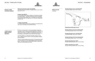 Respironics®
PLV-100 Clinical Manual, p/n 35500 Rev. DRespironics®
PLV-100 Clinical Manual, p/n 35500 Rev. D24
SECTION 7: POWER SUPPLY OPTIONS
Respironics Automobile Lighter Cable (#27905)
This cable allows easy connection to the lighter outlet of a car or boat to
power the PLV-100.
6' Battery Cable (#07270)
A 6' acid resistant battery cable is available for connecting the ventilator
to an external battery. This battery cable serves well for most bedside
and wheelchair external battery uses. It is equipped with ring terminals
for securing the cable to the battery and a DC connector for attachment
to the PLV-100.
12' Battery Cable (#07280)
A 12' battery cable with clip terminals is available for connecting the PLV-
100 to auto or van battery for long distance traveling.
w The PLV-100 has a built in 12 VDC internal battery to provide ap-
proximately 1 hour of continuous operation dependent on BPM rate, tidal
volume and pressures. This battery is not designed to be a primary
power source. It should be utilized as a backup power source or when it
is convenient to use the battery only as a short term power supply.
The Internal Battery is a “sealed lead acid battery” rated at 2.5 amp-
hours. Operation of the PLV-100 on 120 VAC automatically recharges
the Internal Battery.
There is a 3 second audible alert when the PLV-100 switches from either
a 120 VAC source or a 12 VDC External Battery source to the internal
battery. This alerts the user to verify the internal battery voltage level to
assure that a safe operating time remains.
External 12 VDC
Connection Options
12 VDC Internal
Battery Source
Operation
45
SECTION 11: ACCESSORIES
Reusable Pediatric Circuit, Low Profile 06150
Low profile exhalation valve; 15mm ID tubing
LIFECARE
LIFECARE®
10
20
30
40
50
60
80
100
120
50
70
90
110
°F °C
Reusable Pediatric Circuit, Gas Collecting 06152
Gas collecting exhalation valve, 15 mm ID tubing
Reusable Neonatal Circuit, Low Profile 06154
Low profile exhalation valve; 10mm ID tubing
Reusable Neonatal Circuit, Gas Collecting 06155
Gas collecting exhalation valve; 10 mm ID tubing
Neonatal Disposable Circuit, 06130
Non-gas collecting exhalation valve; 10 mm ID tubing
Pediatric Disposable Circuit, 06135
Non-gas collecting exhalation valve; 15 mm ID tubing
Pediatric/Neonatal Reusable Circuits
Patient Circuits
(Continued)
 