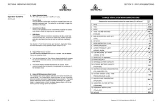 Respironics®
PLV-100 Clinical Manual, p/n 35500 Rev. DRespironics®
PLV-100 Clinical Manual, p/n 35500 Rev. D28
4. Select Operating Mode
The PLV-100 may be operated in 3 different modes:
• Control Mode
The unit delivers a preset tidal volume and inspiratory flow rate at a
specified respiratory rate. The patient is not permitted to trigger the
ventilator in this mode.
• Assist/Control Mode
The PLV-100 operates as in the Control Mode, however the patient
may initiate a breath by beginning an inspiratory effort.
• SIMV Mode
The ventilator delivers a minimum respiratory rate at a preset tidal
volume and flow rate. However the patient may breathe spontane-
ously at a rate higher than the set level by making an inspiratory
effort.
See Section 4, Front Panel Controls, and Section 9, Application Notes,
for more information on the operation modes of the PLV-100.
5. Adjust Tidal Volume Control
The tidal volume is adjustable from 0.05 to 3.00 liters. Set the desired
volume per physician order.
a. Turn the knob beside the Tidal Volume display clockwise to increase
the amount of delivered volume; counterclockwise to reduce deliv-
ered volume.
b. The volume display indicates the machine set volume. Some
volume increase may be required to compensate for compliance of
the ventilator circuit.
6. Adjust BPM/Respiratory Rate Control
The breathing rate control scale is calibrated and marked in breaths per
minute (BPM). The “Patient BPM” display indicates the sum of machine
delivered breaths and patient triggered/spontaneous breaths. The digital
display reflects the actual number of breaths delivered in the Control
Mode. In Assist/Control or SIMV the digital display reflects a BPM rate
based upon the average of the last 4 breaths.
SECTION 8: OPERATING PROCEDURE
Operation Guideline
(Continued)
41
SECTION 10: VENTILATOR MONITORING
1. DATE
2. TIME
3. MODE
4. TIDAL VOLUME MACHINE/
EXHALED
5. BPM RESPIRATORY RATE SET/
TOTAL
6. I:E RATIO
7. PEAK INSPIRATORY FLOW
8. AIRWAY PRESSURE
9. AIRWAY PRESSURE LIMIT/
AUDIBLE ALARM
10. LOW PRESSURE SET POINT/
AUDIBLE ALARM
11. SENSITIVITY (If Applicable)
12. POWER SOURCE
13. INTERNAL BATTERY CAPACITY
14. EXTERNAL BATTERY CAPACITY
(If Applicable)
15. INSPIRED OXYGEN CONCENTRATION
(FlO2)/ANALYZED FlO2
16. OXYGEN SOURCE LEVEL: TANK
PRESSURE/LIQUID O2 LBS.
17. INSPIRED GAS TEMPERATURE
(If Applicable)
18. HUMIDIFIER HEATER SETTING
(If Applicable)
19. HUMIDIFIER WATER LEVEL
(If Applicable)
20. INITIALS
SAMPLE
ENTRY
ONLY
SAMPLE VENTILATOR MONITORING RECORD
(Respironics recommmends entries be made every 2 to 4 hours.))
 
