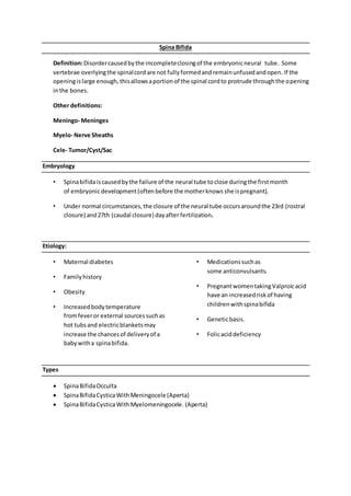 Spina Bifida
Definition:Disordercausedbythe incompleteclosingof the embryonicneural tube. Some
vertebrae overlyingthe spinalcord are not fullyformedandremainunfusedandopen. If the
openingislarge enough,thisallowsaportionof the spinal cordto protrude throughthe opening
inthe bones.
Other definitions:
Meningo- Meninges
Myelo- Nerve Sheaths
Cele- Tumor/Cyst/Sac
Embryology
• Spinabifidaiscausedbythe failure of the neural tube toclose duringthe firstmonth
of embryonicdevelopment(oftenbefore the motherknows she ispregnant).
• Under normal circumstances,the closure of the neural tube occursaroundthe 23rd (rostral
closure) and27th (caudal closure) dayafter fertilization.
Etiology:
• Maternal diabetes
• Familyhistory
• Obesity
• Increasedbodytemperature
fromfeveror external sourcessuchas
hot tubsand electricblanketsmay
increase the chancesof deliveryof a
babywitha spinabifida.
• Medicationssuchas
some anticonvulsants.
• PregnantwomentakingValproicacid
have an increasedriskof having
childrenwithspinabifida
• Geneticbasis.
• Folicaciddeficiency
Types
 SpinaBifidaOcculta
 SpinaBifidaCysticaWithMeningocele(Aperta)
 SpinaBifidaCysticaWithMyelomeningocele. (Aperta)
 