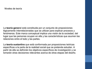 Niveles de teoría
La teoría general está constituida por un conjunto de proposiciones
lógicamente interrelacionadas que se utilizan para explicar procesos y
fenómenos. Este marco conceptual implica una visión de la sociedad, del
lugar que las personas ocupan en ella y las características que asumen las
relaciones entre el todo y las partes.
La teoría sustantiva que está conformada por proposiciones teóricas
específicas a la parte de la realidad social que se pretende estudiar. A
partir de ella se definirán los objetivos específicos de investigación y se
tomarán otras decisiones relevantes acerca de otras etapas del diseño.
 