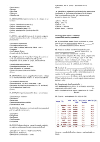 a) Areia Branca 
b) Aracati 
c) Mucuripe 
d) Camocim 
e) Luiz Correia 
03. (CESGRANRIO) mais importante área de extração de sal 
no Brasil: 
a) região salineira de Cabo Frio (RJ) 
b) região salineira potiguar (RN) 
c) região salineira do Ceará (CE) 
d) região salineira do Rio Grande do Sul (RS) 
e) n.d.a. 
04. (PUC) A exploração de reservas de ferro e de manganês 
do Brasil Sudeste se desenvolve em Minas Gerais e, mais 
precisamente: 
a) no vale do Jequitinhonha. 
b) no vale do São Francisco. 
c) nos vales superiores dos rios das Velhas, Doce e 
Paraopeba. 
d) no Triângulo Mineiro. 
e) no alto vale do Rio Grande. 
05. (UnB) As jazidas de manganês no maciço de urucum, ao 
sul de Corumbá, tem importância reduzida quando 
comparadas com as jazidas do Amapá, em decorrência: 
a) do teor mais baixo do minério. 
b) da pequena quantidade de minério. 
c) das dificuldades de transporte. 
d) do grande consumo das proximidades. 
e) n.d.a. 
06. (UNIRIO) Muitos fatores geográficos favorecem a extração 
de sal marinho na fachada litorânea do Rio Grande do Norte: 
a) o clima tropical de altitude; 
b) as fortes marés, cuja altura oscila entre 3 e 4m; 
c) as baixas temperaturas ali reinantes (18º - 36º em média); 
d) o clima equatorial superúmido. 
e) n.d.a. 
07. (FAAP) A Companhia Vale do Rio Doce é uma empresa: 
a) de exploração madeireira 
b) hidrelétrica 
c) siderúrgica 
d) exportadora de minério de ferro 
e) de navegação fluvial 
08. (PUCC) Em Geologia, o movimento tectônico responsável 
pela formação de montanhas é: 
a) epirogênse 
b) diagênese 
c) epigênese 
d) morfogênese 
e) orogênese 
09. (PUCC) Pode-se relacionar manganês, carvão e sal com 
as seguintes unidades político-administrativas do Brasil: 
a) Amapá, Santa Catarina e Rio Grande do Norte; 
b) Amazonas, Pará e Acre; 
c) Amapá, Rio Grande do Sul e Goiás; 
d) Rondônia, Rio de Janeiro e Rio Grande do Sul; 
e) n.d.a. 
10. A exploração das salinas no Brasil está mais desenvolvida 
nos Estados do Rio Grande do Norte e do Rio de Janeiro. 
Qual a combinação correta dos dois maiores centros 
produtores desses dois Estados? 
a) Macau - Macaé 
b) Açu - Cabo Frio 
c) Macaé - Açu 
d) Macau - Cabo Frio 
e) Areia Branca - Cabo Frio 
GEOGRAFIA DO BRASIL – HUMANA 
CONDIÇÕES SOCIO-ECONOMICAS 
01. A partir de 1990, a ONU passou a classificar os países 
pelo seu grau de desenvolvimento através do _________ ou 
seja, o Indicador de Desenvolvimento Humano. 
02. Passou-se a utilizar essa fórmula de cálculo, pois o 
________________________, Produto Interno Bruto, não 
servia para diferenciar corretamente o nível de 
desenvolvimento dos países. No antigo cálculo, um país como 
a Arábia Saudita, com uma renda per capita de U$$ 7.040, 
não possuía o mesmo nível de um país europeu, não se 
considerando diversos outros fatores, como nível de 
desenvolvimento, taxas de natalidade, de mortalidade etc. 
03. No cálculo do _____________________, contabilizam-se 
três indicadores: nível de instrução, representado pela taxa de 
__________________ dos adultos e pela média dos anos de 
estudo; nível de saúde, representado pela 
___________________ de vida; e a renda, representada pelo 
PIB por habitante, levando em conta o poder de compra de um 
país para outro. 
04. Os países são classificados de 0 a 1, 
após analisados todos os fatores de ponderação, sendo que, 
quanto mais próximo de 1, mais ____________________ é o 
país e, conseqüentemente, quanto mais próximo de 0, mais 
_______________________ é o país. 
05. Observe a tabela a seguir com dados de 2001 
Comente a posição do Brasil em relação a sua localização na 
tabela. 
 