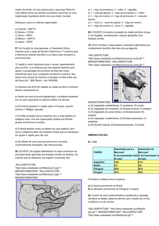 credor da dívida. Um dos países para o qual esse Plano foi 
mais efetivo tornou-se parceiro econômico dos EUA em uma 
organização importante dentro da nova ordem mundial. 
Destaque o país e a referida organização: 
a) Canadá – NAFTA 
b) Rússia – OTAN 
c) China – APEC 
d) México – NAFTA 
e) Japão – APEC 
07. Em função da crise japonesa, o Presidente Clinton 
intervém junto a ação de Ryutaro Hashimoto (1º ministro) para 
a reforma do sistema bancário e um plano para recuperar a 
economia local. 
“O Japão é muito importante para o mundo, especialmente 
para os EUA, e os esforços que nós estamos fazendo para 
apoiar a recuperação da economia da Ásia são muito 
importantes para que o progresso econômico continue. Nós 
temos uma chance de virarmos a situação na Ásia antes que 
ela fique pior”. (Bill Clinton – em 18/06/98) 
O interesse dos EUA em relação ao Japão se deve a diversos 
fatores, excetuando-se: 
a) Dentro de uma economia globalizada, o problema existente 
em um país importante do sistema reflete nos demais. 
b) Os EUA já apoiaram o Japão após a II Guerra, quando 
ocorreu o “Milagre” japonês. 
c) A União européia não se ressente com a crise asiática ou 
qualquer outra; vive sua organização isolada aos demais 
grupos econômicos mundiais. 
d) O Brasil também sentiu os efeitos da crise asiática, bem 
como a Argentina além dos Estados Unidos que se interessam 
em ajudar o Japão para não cair. 
e) Os efeitos de uma crise econômica em uma área 
comercialmente importante, são internacionais. 
08. (FUVEST) As regiões delimitadas no mapa constituem as 
principais áreas agrícolas dos Estados Unidos da América. As 
culturas que se destacam nas regiões numeradas são: 
INCLUDEPICTURE 
"http://www.coladaweb.com/files/eua(1).jpg" * 
MERGEFORMATINET INCLUDEPICTURE 
"http://www.coladaweb.com/files/eua(1).jpg" * 
MERGEFORMATINET 
a) 1 – trigo de primavera; 2 – milho; 3 – algodão; 
b) 1 – cana-de-açúcar; 2 – trigo de primavera; 3 – milho; 
c) 1 – trigo de inverno; 2 – trigo de primavera; 3 – cana-de-açúcar; 
d) 1 – fumo; 2 – cana-de-açúcar; 3 – trigo de inverno; 
e) 1 – trigo de inverno; 2 – arroz; 3 – algodão. 
09. (FUVEST) Considere a posição da cidade de Nova Iorque 
e Los Angeles, considerando o espaço geográfico dos 
Estados Unidos. 
10. (PUC) Analise o mapa abaixo e assinale a alternativa que 
corretamente identifica três itens de sua legenda: 
INCLUDEPICTURE 
"http://www.coladaweb.com/files/america-do-norte.gif" * 
MERGEFORMATINET INCLUDEPICTURE 
"http://www.coladaweb.com/files/america-do-norte.gif" * 
MERGEFORMATINET 
a) (4) vegetação mediterrânea; (7) pradarias; (5) tundra 
b) (3) vegetação de montanha; (4) floresta tropical; (7) estepes 
c) (5) vegetação de zonas áridas; (2) floresta boreal; (6) 
estepes 
d) (4) vegetação mediterrânea; (2) floresta temperada; (7) 
pradarias 
e) (8) floresta tropical; (6) floresta temperada; (1) tundra 
AMÉRICA DO SUL 
01. 1990 
PAÍSES 
Exportação para o 
Mercosul 
% da exportação total 
do país 
Importação do 
Mercosul 
% da importação total 
do país 
Argentina 14,8 21,5 
Brasil 3,9 5,6 
Paraguai 39,0 30,8 
Uruguai 35,4 40,9 
Considere a tabela acima e explique: 
a) os baixos porcentuais do Brasil; 
b) os elevados porcentuais do Paraguai e Uruguai. 
02. A partir de seus conhecimentos e analisando a situação 
climática na tabela, podemos afirmar que a cidade de La Paz, 
na Bolívia, é a de número: 
INCLUDEPICTURE "http://www.coladaweb.com/files/la-paz. 
gif" * MERGEFORMATINET INCLUDEPICTURE 
"http://www.coladaweb.com/files/la-paz.gif" * 
 