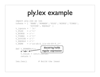 ply.lex example
import ply.lex as lex
tokens = [ ‘NAME’,’NUMBER’,’PLUS’,’MINUS’,’TIMES’,
           ’DIVIDE’, EQUALS’ ]
t_ignore = ‘ t’
t_PLUS   = r’+’
t_MINUS = r’-’
t_TIMES = r’*’
t_DIVIDE = r’/’
t_EQUALS = r’=’
t_NAME   = r’[a-zA-Z_][a-zA-Z0-9_]*’

def t_NUMBER(t):       docstring holds
    r’d+’           regular expression
    t.value = int(t.value)
    return t

lex.lex()          # Build the lexer
 