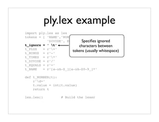 ply.lex example
import ply.lex as lex
tokens = [ ‘NAME’,’NUMBER’,’PLUS’,’MINUS’,’TIMES’,
           ’DIVIDE’, EQUALS’ Speciﬁes ignored
                              ]
t_ignore = ‘ t’           characters between
t_PLUS   = r’+’
                        tokens (usually whitespace)
t_MINUS = r’-’
t_TIMES = r’*’
t_DIVIDE = r’/’
t_EQUALS = r’=’
t_NAME   = r’[a-zA-Z_][a-zA-Z0-9_]*’

def t_NUMBER(t):
    r’d+’
    t.value = int(t.value)
    return t

lex.lex()         # Build the lexer
 