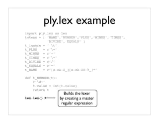 ply.lex example
import ply.lex as lex
tokens = [ ‘NAME’,’NUMBER’,’PLUS’,’MINUS’,’TIMES’,
           ’DIVIDE’, EQUALS’ ]
t_ignore = ‘ t’
t_PLUS   = r’+’
t_MINUS = r’-’
t_TIMES = r’*’
t_DIVIDE = r’/’
t_EQUALS = r’=’
t_NAME   = r’[a-zA-Z_][a-zA-Z0-9_]*’

def t_NUMBER(t):
    r’d+’
    t.value = int(t.value)
    return t
                   Builds the lexer
lex.lex()        by creating a master
                  # Build the lexer
                  regular expression
 