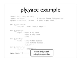 ply.yacc example
import ply.yacc as yacc
import mylexer            # Import lexer information
tokens = mylexer.tokens   # Need token list

def p_assign(p):
    '''assign : NAME EQUALS expr'''

def p_expr(p):
    '''expr : expr PLUS term
            | expr MINUS term
            | term'''
def p_term(p):
    '''term : term TIMES factor
            | term DIVIDE factor
            | factor'''
def p_factor(p):
    '''factor : NUMBER'''
                       Builds the parser
yacc.yacc()           # Build the parser
                      using introspection
 