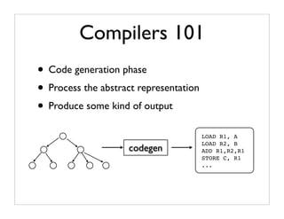 Compilers 101
• Code generation phase
• Process the abstract representation
• Produce some kind of output
                                        LOAD R1, A
                                        LOAD R2, B
                    codegen             ADD R1,R2,R1
                                        STORE C, R1
                                        ...
 