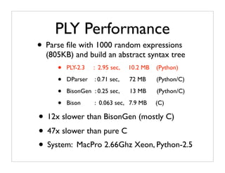 PLY Performance
• Parse ﬁle with 1000 random expressions
  (805KB) and build an abstract syntax tree
     •   PLY-2.3   : 2.95 sec,   10.2 MB   (Python)

     •   DParser   : 0.71 sec,   72 MB     (Python/C)

     •   BisonGen : 0.25 sec,    13 MB     (Python/C)

     •   Bison     : 0.063 sec, 7.9 MB     (C)

• 12x slower than BisonGen (mostly C)
• 47x slower than pure C
• System: MacPro 2.66Ghz Xeon, Python-2.5
 
