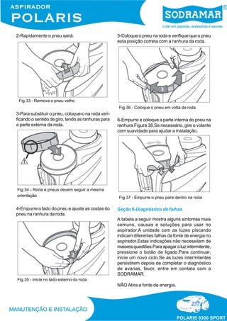 2-Rapidamente o pneu sairá.
Fig.33 - Remova o pneu velho
3-Para substituir o pneu, coloque-o na roda veri-
ficando o sentido de giro, tendo as ranhuras para
a parte externa da roda.
Fig.34 - Roda e pneus devem seguir a mesma
orientação
4-Empurre o lado do pneu e ajuste as costas do
pneu na ranhura da roda.
Fig.35 - Inicie no lado externo da roda
5-Coloque o pneu na roda e verifique que o pneu
esta posição correta com a ranhura da roda.
Fig.36 - Coloque o pneu em volta da roda
6-Empurre e coloque a parte interna do pneu na
ranhura.Figura 38.Se necessário, gire o volante
com suavidade para ajudar a instalação.
Fig.37 - Empurre o pneu para dentro na roda
Seção 6-Diagnóstico de falhas
A tabela a seguir mostra alguns sintomas mais
comuns, causas e soluções para usar no
aspirador.A unidade com as luzes piscando
indicam diferentes falhas da fonte de energia no
aspirador.Estas indicações não necessitam de
maiores questões.Para apagar a luz intermitente,
pressione o botão de ligado.Para continuar,
inicie um novo ciclo.Se as luzes intermitentes
persistirem depois de completar o diagnóstico
de avarias, favor, entre em contato com a
SODRAMAR.
NÃO Abra a fonte de energia.
 