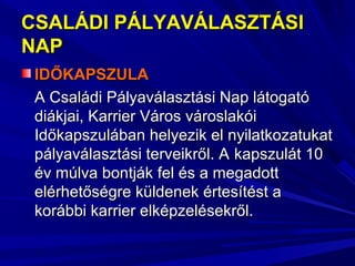 CSALÁDI PÁLYAVÁLASZTÁSICSALÁDI PÁLYAVÁLASZTÁSI
NAPNAP
IDŐKAPSZULAIDŐKAPSZULA
A Családi Pályaválasztási Nap látogatóA Családi Pályaválasztási Nap látogató
diákjai, Karrier Város városlakóidiákjai, Karrier Város városlakói
Időkapszulában helyezik el nyilatkozatukatIdőkapszulában helyezik el nyilatkozatukat
pályaválasztási terveikről. Apályaválasztási terveikről. A kapszulát 10kapszulát 10
év múlva bontják fel és a megadottév múlva bontják fel és a megadott
elérhetőségre küldenek értesítést aelérhetőségre küldenek értesítést a
korábbi karrier elképzelésekről.korábbi karrier elképzelésekről.
 