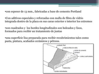 •con espesor de 13 mm., fabricadas a base de cemento Portland
•Con aditivos especiales y reforzadas con malla de fibra de vidrio
integrada dentro de la placa en sus caras exterior e interior los extremos
•son cuadrados y los bordes longitudinales son boleados y lisos,
formados para recibir un tratamiento de juntas
•una superficie lisa preparada para recibir recubrimientos tales como
pasta, pintura, acabados cerámicos y pétreos.
 
