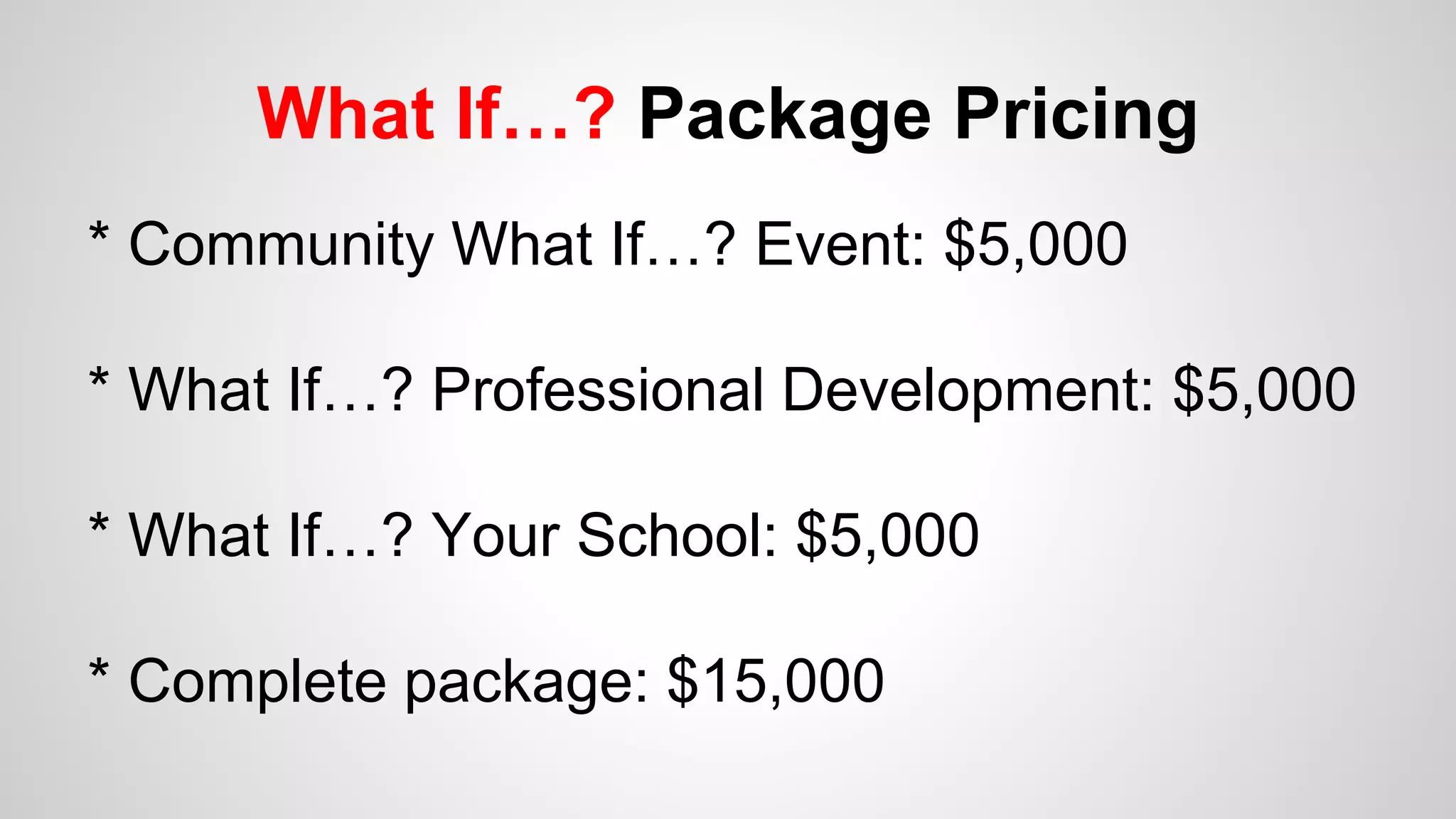 What If…? Package Pricing
* Community What If…? Event: $5,000
* What If…? Professional Development: $5,000
* What If…? Your School: $5,000
* Complete package: $15,000