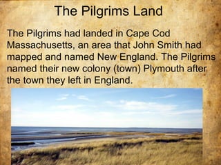 The Pilgrims Land
The Pilgrims had landed in Cape Cod
Massachusetts, an area that John Smith had
mapped and named New England. The Pilgrims
named their new colony (town) Plymouth after
the town they left in England.
 