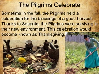 The Pilgrims Celebrate
Sometime in the fall, the Pilgrims held a
celebration for the blessings of a good harvest.
Thanks to Squanto, the Pilgrims were surviving in
their new environment. This celebration would
become known as Thanksgiving.
 