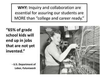 WHY:	Inquiry	and	collaboration	are	
essential	for	assuring	our	students	are	
MORE	than	“college	and	career	ready.”		
“65%	of	grade	
school	kids	will	
end	up	in	jobs	
that	are	not	yet	
invented.”
- U.S.	Department	of	
Labor,	Futurework
15
 