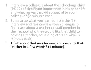 1. Interview	a	colleague	about	the	school-age	child	
(PK-12)	of	significant	importance	in	his	or	her	life	
and	what	makes	that	kid	so	special	to	your	
colleague?	(2	minutes	each)
2. Summarize	what	you	learned	from	the	first	
interview	and	re-interview	your	colleague	to	
find	learn	about	a	teacher	or	staff	member	in	
their	school	who	they	would	like	that	child	to	
have	as	a	teacher,	counselor,	etc.	and	why?	(2	
minutes	each)
3. Think	about	that	re-interview	and	describe	that	
teacher	in	a	few	words?	(1	minute)
8
 