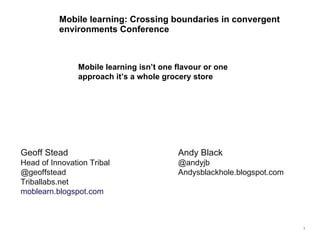 Mobile learning: Crossing boundaries in convergent environments Conference Mobile learning isn’t one flavour or one approach it’s a whole grocery store Geoff Stead  Head of Innovation Tribal  @geoffstead  Triballabs.net moblearn.blogspot.com Andy Black @andyjb Andysblackhole.blogspot.com  