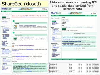 ShareGeo (closed) Addresses issues surrounding IPR  and spatial data derived from  licensed data. 