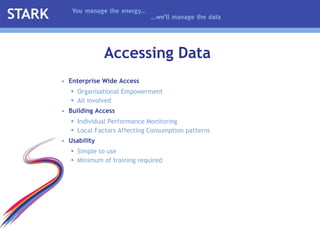 Enterprise Wide Access Organisational Empowerment All involved Building Access Individual Performance Monitoring Local Factors Affecting Consumption patterns Usability Simple to use Minimum of training required Accessing Data 