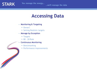 Monitoring & Targeting Owner? Setting Realistic targets Manage by Exception Targets  80 – 20 Rule Continuous Monitoring Benchmarking Performance improvements Accessing Data 