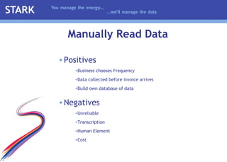 Manually Read Data Positives Business chooses Frequency Data collected before invoice arrives Build own database of data Negatives Unreliable Transcription Human Element Cost 