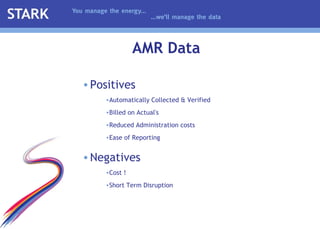 AMR Data Positives Automatically Collected & Verified Billed on Actual's Reduced Administration costs Ease of Reporting Negatives Cost ! Short Term Disruption 