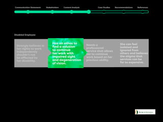 Julia
Disabled Employee
Has an ethos to
find a solution
to continue
her work with
impaired sight
and degeneration
of vision.
She can feel
isolated and
ignored from
others and believes
the stigma that
services can be
far to expensive.
Needs a
professional
service that allows
her to continue
work based on her
previous ability.
Strongly believes in
her rights to work
independently
shouldn’t not
be affected by
her disability.
 
