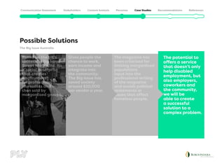 The Big Issue Australia
Possible Solutions
The potential to
offers a service
that doesn’t only
help disabled
employment, but
also employers,
coworkers and
the community,
we will be
able to create
a successful
solution to a
complex problem.
The magazine has
been criticised for
limiting marganlised
populations
input into the
professional writing
of the magazine
and avoids political
statements or
issues that affect
homeless people.
Gives people the
chance to work,
earn income and
integrate into
the community.
The Big Issue has
saved society
around $20,000
per vendor a year.
Based on the UK’s
successful Big Issue
Street Magazine. Its
a social enterprise
that creates
employment
for professional
journalists and
then sold by
marganlised groups.
 