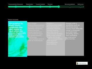 Telstra Australia
People with a
disability such as
blindness have
always had difficulty
using a computer
and with their
disability didn’t
feel confident
to overcome
this barrier.
Possible Solutions
Telstra’s
collaboration with
Able Australia’s
Ablelink internet
access centre
saw the use of
specialised devices
that could output
braille and large
print in conjunction
with typical
smartphones
and tablets.
As a major
telecommunications
provider telstra can
develop networks,
smart devices,
social media and
personalised apps
for governments,
businesses,
communities and as
well as individuals.
The problem for
many Telstra
employees was
their ability to
work within the
current framework
and equipment
telstra provided.
 