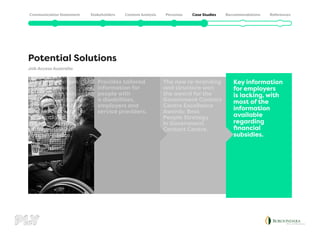 Potential Solutions
Job Access Australia
Key information
for employers
is lacking, with
most of the
information
available
regarding
financial
subsidies.
The new re-branding
and structure won
the award for the
Government Contact
Centre Excellence
Awards: Best
People Strategy
in Government
Contact Centre.
Provides tailored
information for
people with
a disabilities,
employers and
service providers.
The problem was
that previous
information was
disorganised and
confusing,the new
Job Access website
is a national hub
for comprehensive
information on
expert advice.
 