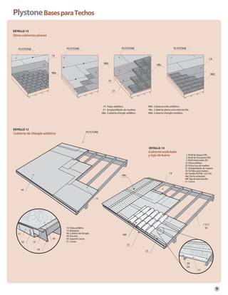 Plystone Bases para Techos
DETALLE 13

Otras cubiertas planas

PLYSTONE

PLYSTONE

PLYSTONE

PLYSTONE

14

14
48b

48c

48a

48d
14
31

14. Felpa asfáltica
31. Emplantillado de madera
48a. Cubierta shingle asfáltico

DETALLE 12

Cubierta de Shingle asfáltico

48b. Cubierta rollo asfáltico
48c. Cubierta plana concreto/arcilla
48d. Cubierta shingle metálico

PLYSTONE

DETALLE 14

Cubierta ondulada
y teja de barro

14

48e

1. Perﬁl de Apoyo (PA)
2. Perﬁl de Encuentro (PE)
3. Perﬁl Intermedio (PI)
14. Feloa asfáltica
30. Estructura de madera
31. Emplantillado de madera
34. Tornillo para madera
38. Tornillo PI/PH8. 125/150
48e. Techo ondulado
48f. Teja de barro/arcilla
51. Canoa

48
14

51
48
50

19

14. Felpa asfáltica
19. Botagüas
48. Cubierst de Shingle
49. Precinta
50. Soporte Canoa
51. Canoa

1-2-3
30
48f

51
49

31

38
34

31

9

 