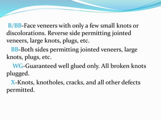 B/BB-Face veneers with only a few small knots or
discolorations. Reverse side permitting jointed
veneers, large knots, plugs, etc.
BB-Both sides permitting jointed veneers, large
knots, plugs, etc.
WG-Guaranteed well glued only. All broken knots
plugged.
X-Knots, knotholes, cracks, and all other defects
permitted.
 