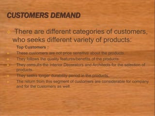 CUSTOMERS DEMAND
 There are different categories of customers,
who seeks different variety of products:
I. Top Customers :
 These customers are not price sensitive about the products.
 They follows the quality features/benefits of the products.
 They consults the Interior Decorators and Architects for the selection of
products.
 They seeks longer durability period in the products.
 The return from this segment of customers are considerable for company
and for the customers as well.
 