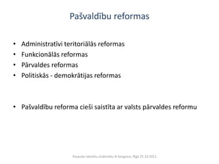 Pašvaldību reformas

•   Administratīvi teritoriālās reformas
•   Funkcionālās reformas
•   Pārvaldes reformas
•   Politiskās - demokrātijas reformas



• Pašvaldību reforma cieši saistīta ar valsts pārvaldes reformu




                     Pasaules latviešu zinātnieku III kongress, Rīgā 25.10.2011.
 