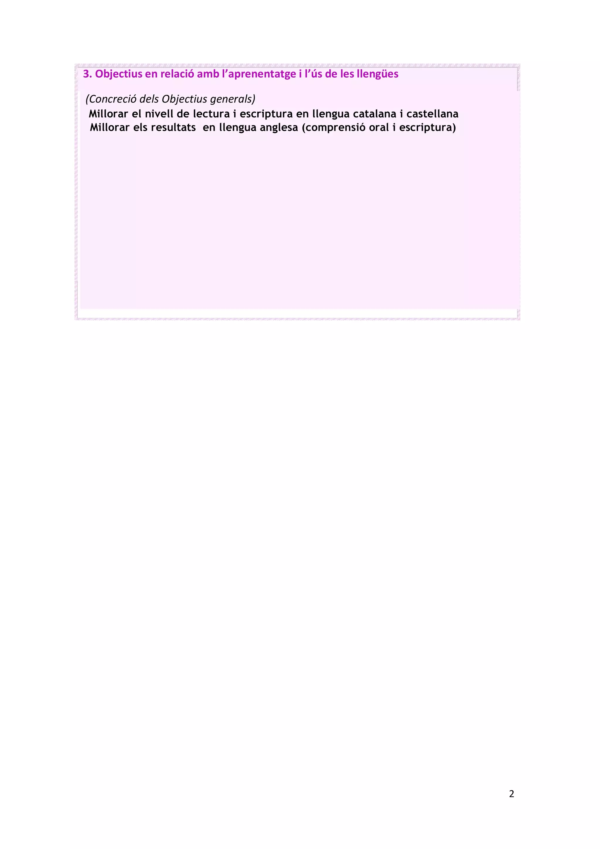 2		
3.	Objectius	en	relació	amb	l’aprenentatge	i	l’ús	de	les	llengües	
(Concreció	dels	Objectius	generals)	
Millorar el nivell de lectura i escriptura en llengua catalana i castellana
Millorar els resultats en llengua anglesa (comprensió oral i escriptura)
	
	
	
 