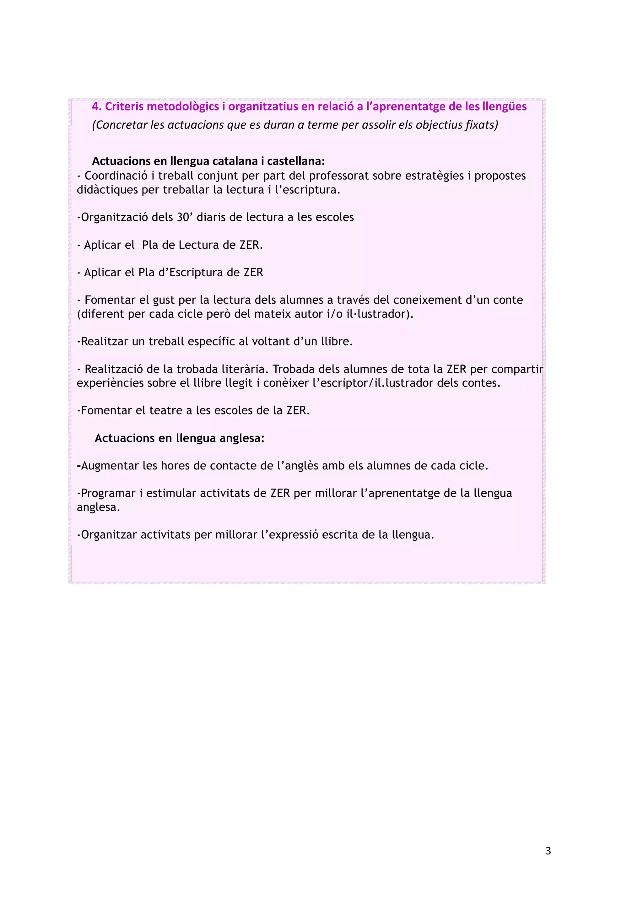 3		
	
4. Criteris	metodològics	i	organitzatius	en	relació	a	l’aprenentatge	de	les	llengües	
(Concretar	les	actuacions	que	es	duran	a	terme	per	assolir	els	objectius	fixats)	
	
Actuacions	en	llengua	catalana	i	castellana:	
- Coordinació i treball conjunt per part del professorat sobre estratègies i propostes
didàctiques per treballar la lectura i l’escriptura.
-Organització dels 30’ diaris de lectura a les escoles
- Aplicar el Pla de Lectura de ZER.
- Aplicar el Pla d’Escriptura de ZER
- Fomentar el gust per la lectura dels alumnes a través del coneixement d’un conte
(diferent per cada cicle però del mateix autor i/o il·lustrador).
-Realitzar un treball específic al voltant d’un llibre.
- Realització de la trobada literària. Trobada dels alumnes de tota la ZER per compartir
experiències sobre el llibre llegit i conèixer l’escriptor/il.lustrador dels contes.
-Fomentar el teatre a les escoles de la ZER.
Actuacions en llengua anglesa:
-Augmentar les hores de contacte de l’anglès amb els alumnes de cada cicle.
-Programar i estimular activitats de ZER per millorar l’aprenentatge de la llengua
anglesa.
-Organitzar activitats per millorar l’expressió escrita de la llengua.
	
 