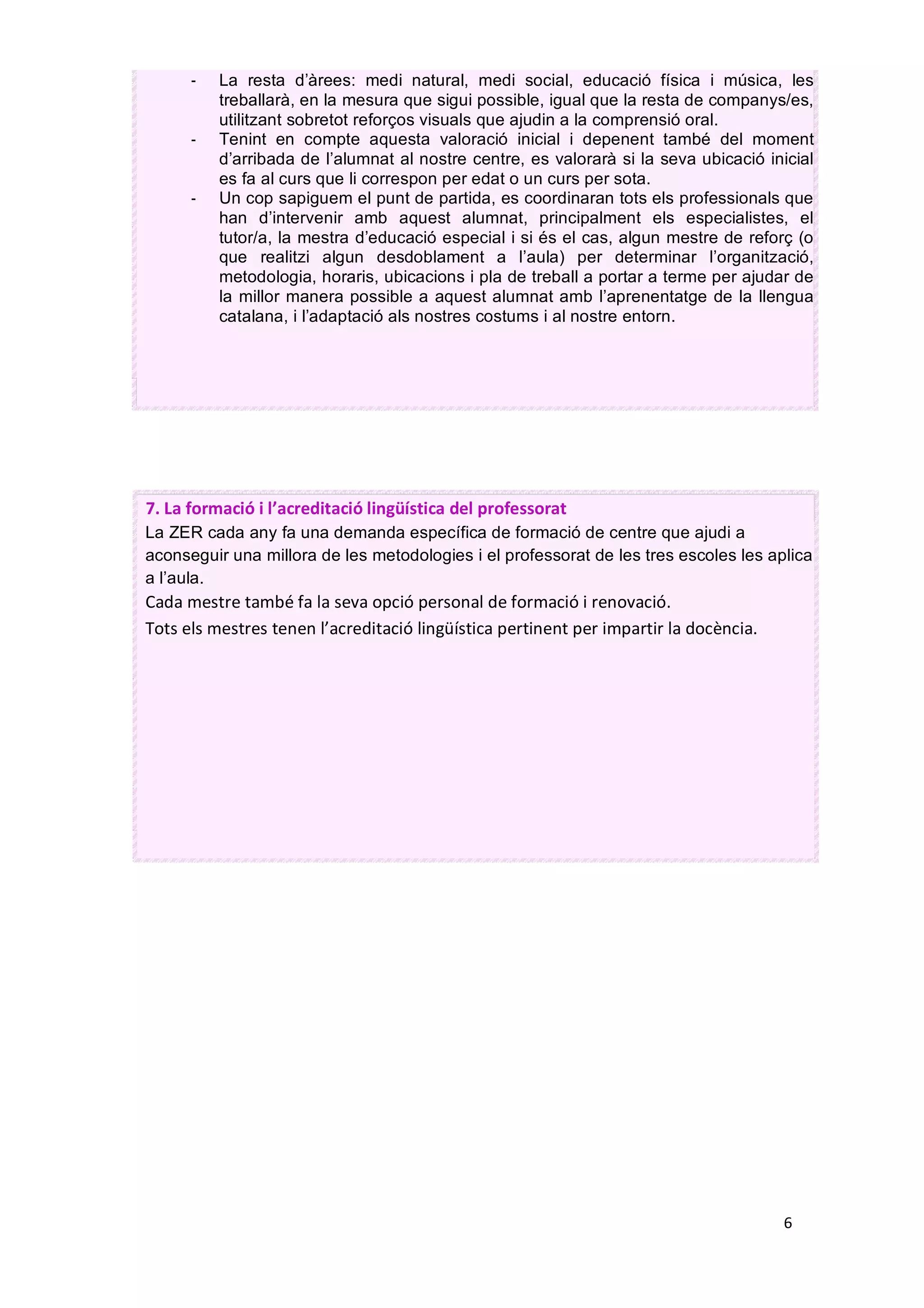 6		
7.	La	formació	i	l’acreditació	lingüística	del	professorat	
La ZER cada any fa una demanda específica de formació de centre que ajudi a
aconseguir una millora de les metodologies i el professorat de les tres escoles les aplica
a l’aula.
Cada	mestre	també	fa	la	seva	opció	personal	de	formació	i	renovació.	
Tots	els	mestres	tenen	l’acreditació	lingüística	pertinent	per	impartir	la	docència.	
	
- La resta d’àrees: medi natural, medi social, educació física i música, les
treballarà, en la mesura que sigui possible, igual que la resta de companys/es,
utilitzant sobretot reforços visuals que ajudin a la comprensió oral.
- Tenint en compte aquesta valoració inicial i depenent també del moment
d’arribada de l’alumnat al nostre centre, es valorarà si la seva ubicació inicial
es fa al curs que li correspon per edat o un curs per sota.
- Un cop sapiguem el punt de partida, es coordinaran tots els professionals que
han d’intervenir amb aquest alumnat, principalment els especialistes, el
tutor/a, la mestra d’educació especial i si és el cas, algun mestre de reforç (o
que realitzi algun desdoblament a l’aula) per determinar l’organització,
metodologia, horaris, ubicacions i pla de treball a portar a terme per ajudar de
la millor manera possible a aquest alumnat amb l’aprenentatge de la llengua
catalana, i l’adaptació als nostres costums i al nostre entorn.
	
	
	
CPISR-1 C
Jordi Pinyol
Palau
Signat digitalment
per CPISR-1 C Jordi
Pinyol Palau
Data: 2019.12.13
09:06:33 +01'00'
 