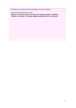 2		
3.	Objectius	en	relació	amb	l’aprenentatge	i	l’ús	de	les	llengües	
(Concreció	dels	Objectius	generals)	
Millorar el nivell de lectura i escriptura en llengua catalana i castellana
Millorar els resultats en llengua anglesa (comprensió oral i escriptura)
	
	
	
 