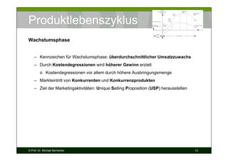 Produktlebenszyklus
Wachstumsphase

– Kennzeichen für Wachstumsphase: überdurchschnittlicher Umsatzzuwachs
– Durch Kostendegressionen wird höherer Gewinn erzielt
o Kostendegressionen vor allem durch höhere Ausbringungsmenge
– Markteintritt von Konkurrenten und Konkurrenzprodukten
– Ziel der Marketingaktivitäten: Unique Selling Proposition (USP) herausstellen

© Prof. Dr. Michael Bernecker

12

 
