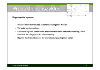 Produktlebenszyklus
Degenerationsphase

– Weiter sinkende Umsätze und stark ansteigende Kosten
– Verluste werden realisiert
– Entscheidung über Elimination des Produktes oder der Dienstleistung, dann
meistens Nachfolgeprodukt/ -dienstleistung
– Revival des Produktes oder der Dienstleistung gelingt nur selten

© Prof. Dr. Michael Bernecker

15

 