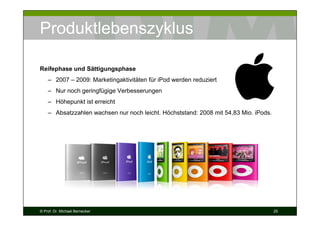 Produktlebenszyklus
Reifephase und Sättigungsphase
– 2007 – 2009: Marketingaktivitäten für iPod werden reduziert
– Nur noch geringfügige Verbesserungen
– Höhepunkt ist erreicht
– Absatzzahlen wachsen nur noch leicht. Höchststand: 2008 mit 54,83 Mio. iPods.

© Prof. Dr. Michael Bernecker

25

 